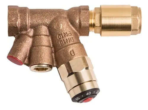 Bronzeventil mit mehreren Anschlussmöglichkeiten und einstellbarem Thermostat. Produkt von Danfoss, zur Regelung von Heizungs- oder Kühlwassersystemen.